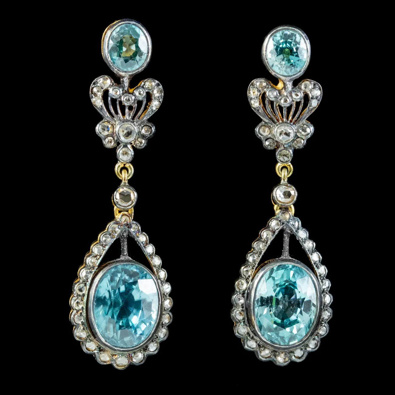 Edwardian Style Blue Zircon Diamond Earrings 7.8ct Of Zircon