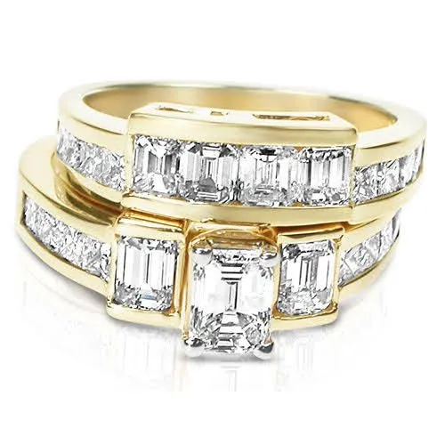 Elegant 4.20CT Emerald and Princess Cut Diamond Bridal Set in 14KT Yellow Gold - Bridal Set