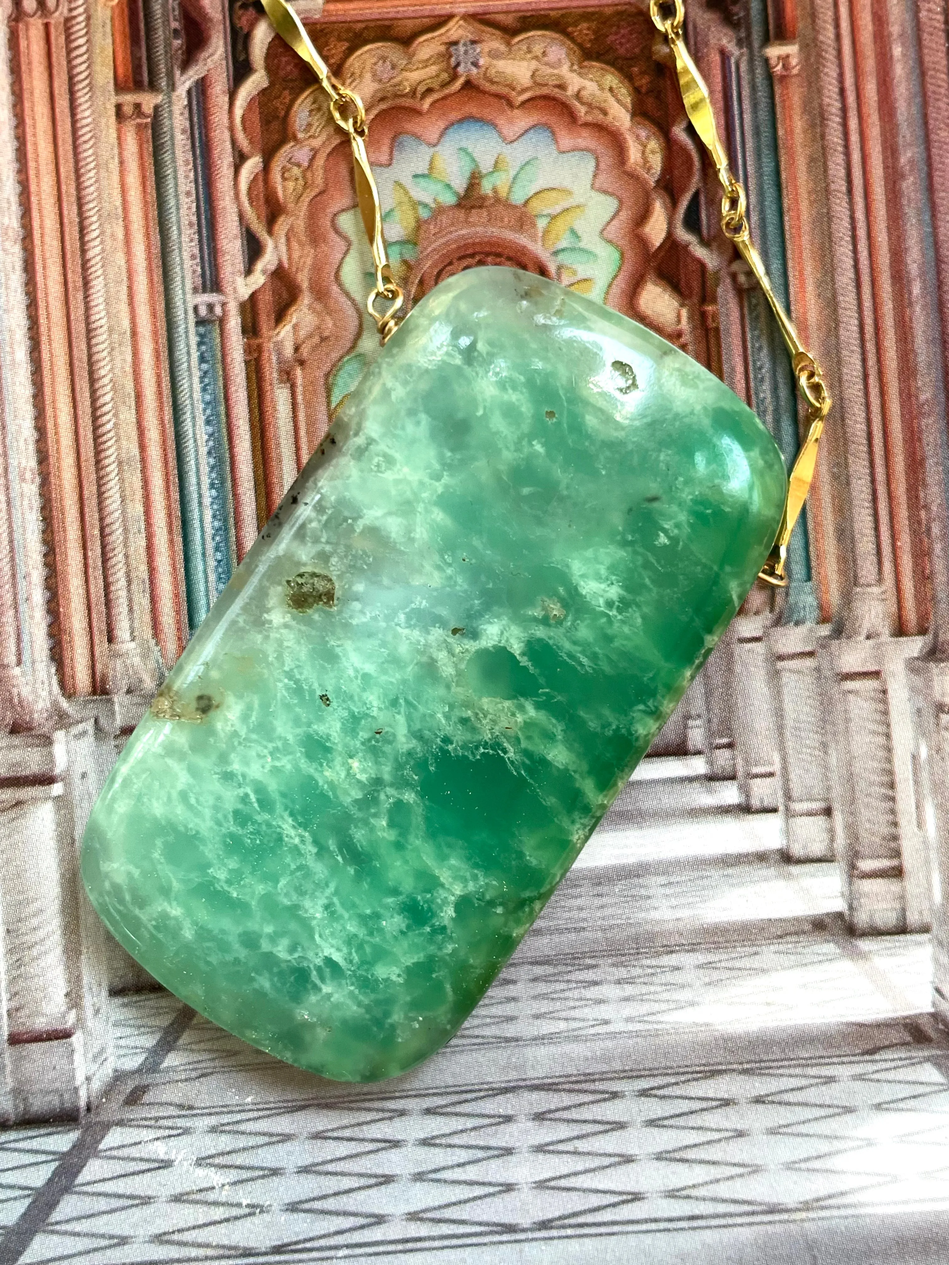 Extra Large Chrysoprase Crystal Necklace on Gold Fill 18”