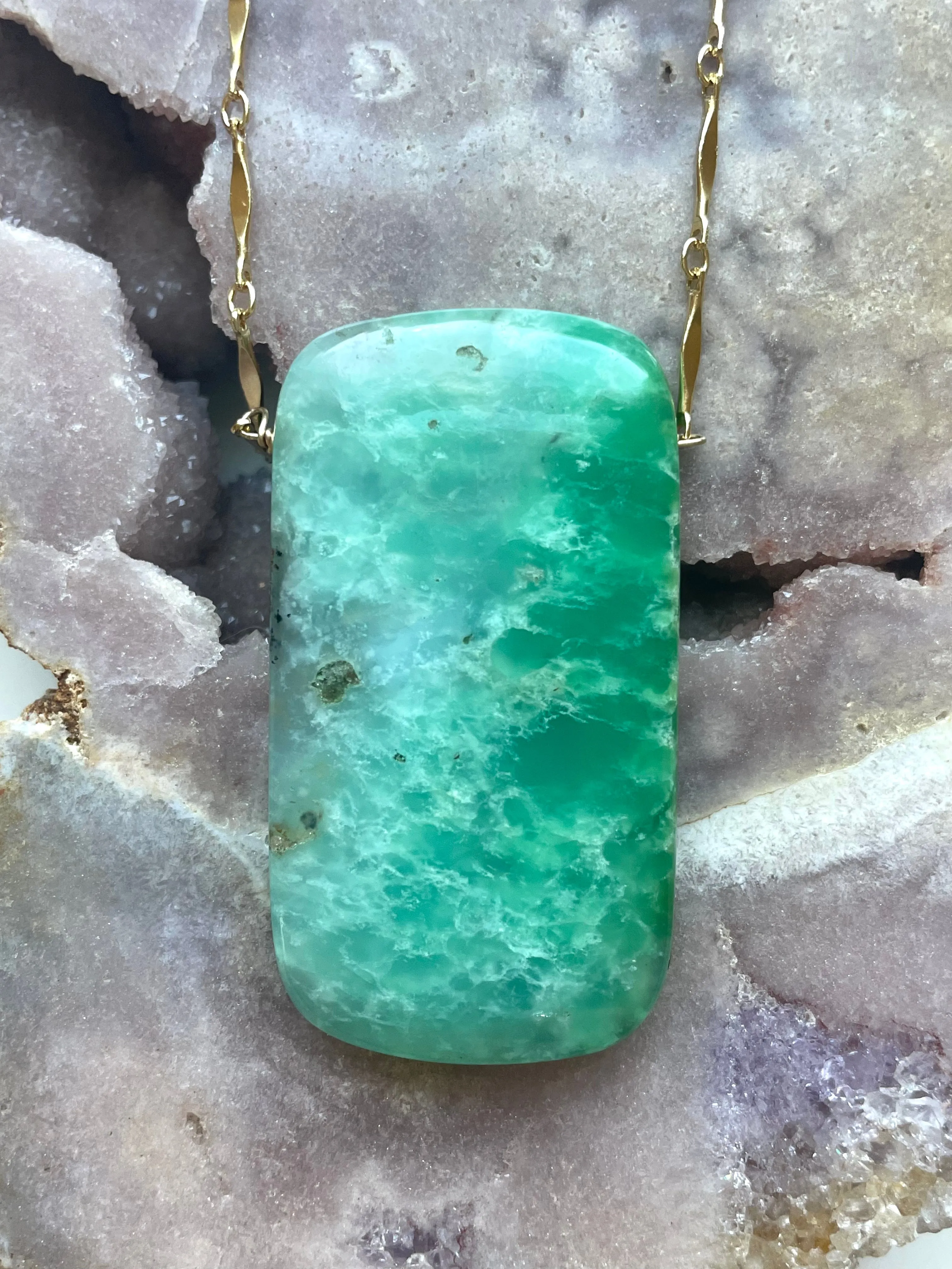 Extra Large Chrysoprase Crystal Necklace on Gold Fill 18”