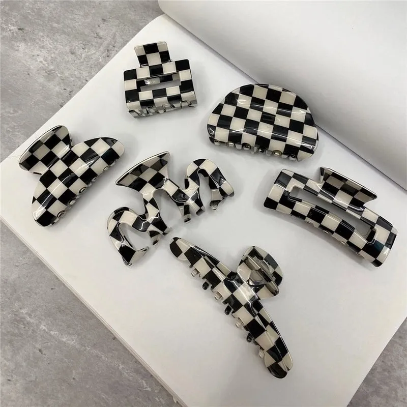 Fashion Black White Checkerboard Hairpin Large Grab Clip