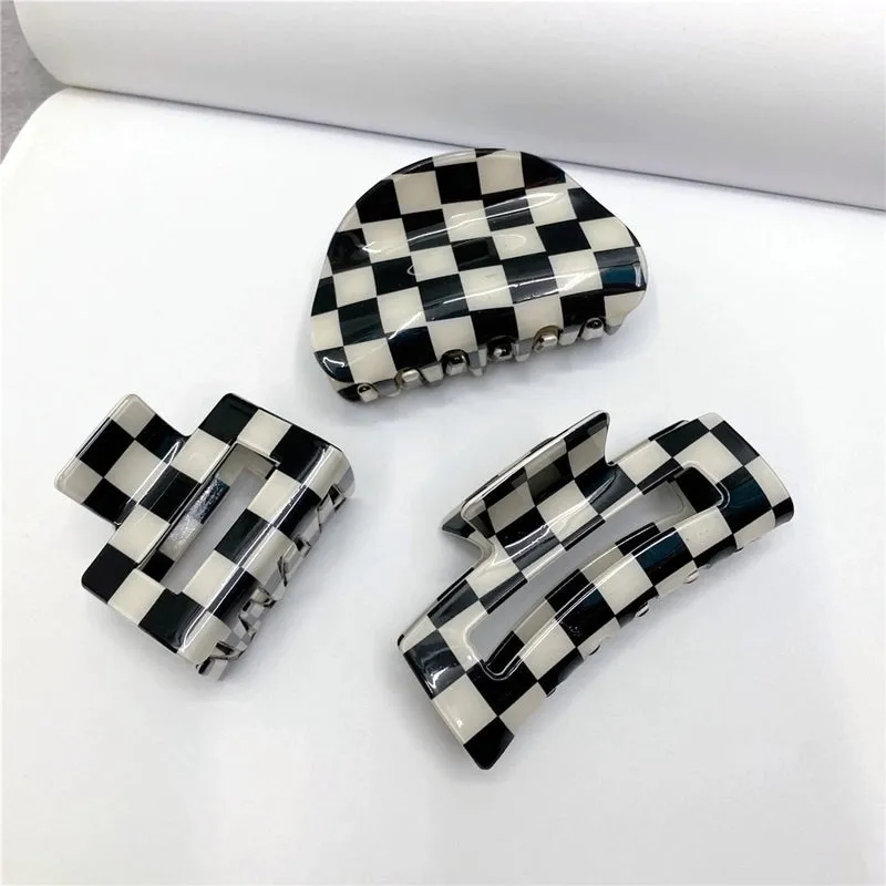 Fashion Black White Checkerboard Hairpin Large Grab Clip