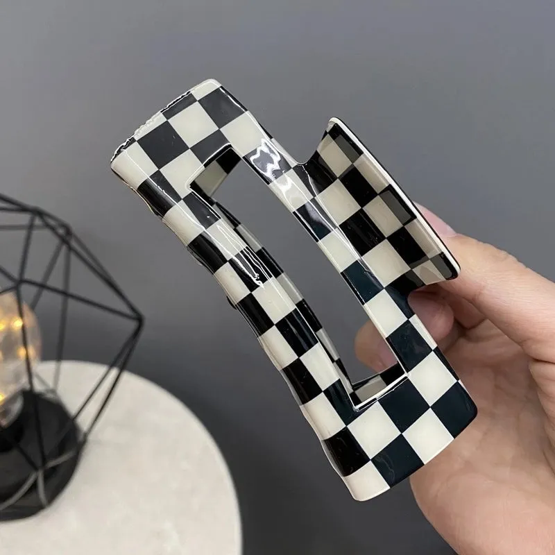 Fashion Black White Checkerboard Hairpin Large Grab Clip