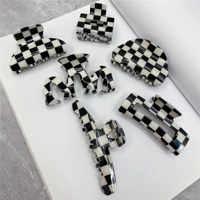 Fashion Black White Checkerboard Hairpin Large Grab Clip