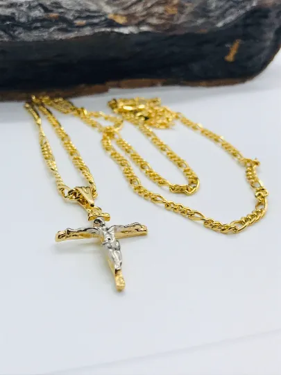 Figaro Link Cross Necklace For Men or Women Gold Filled 33x18mm in Gold Filled / Crucifix Necklace for Mens Womens / Cadena con Dije de Cruz Oro Laminado