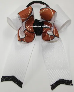 Football White Black Glitter Hair Bow