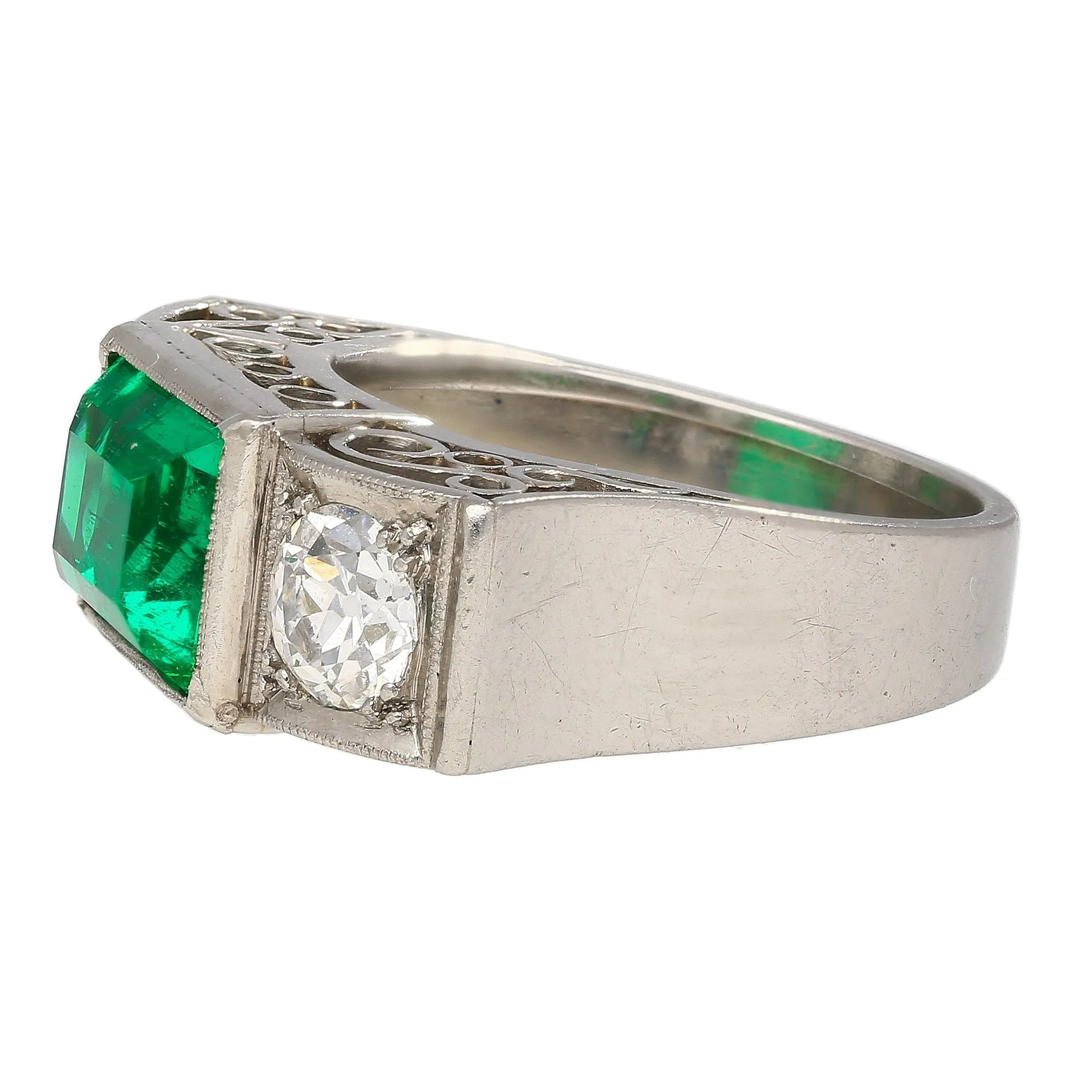 GIA Certified 3.10 Carat No Oil Muzo Colombian Emerald & Old Cut Diamond Ring