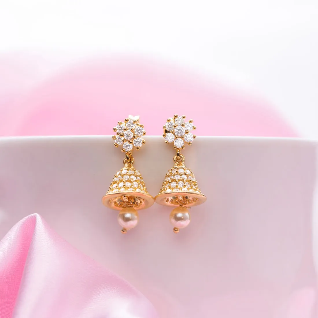 Gilded Opulence Gold Plated Drop Earrings with Cubic Zirconia and Pearls