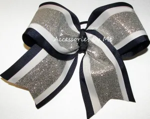 Glitter Silver Navy Blue White Cheer Bow