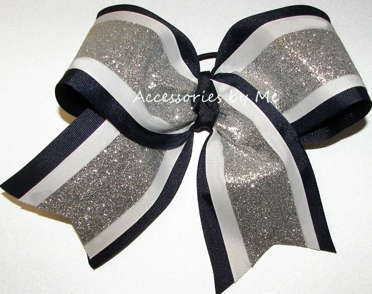 Glitter Silver Navy Blue White Cheer Bow