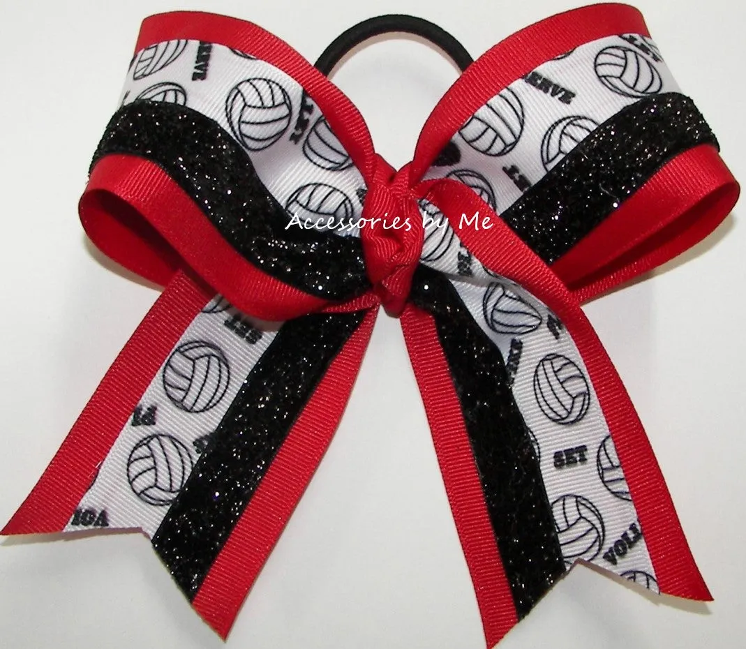 Glitter Volleyball Red Black Hair Bow