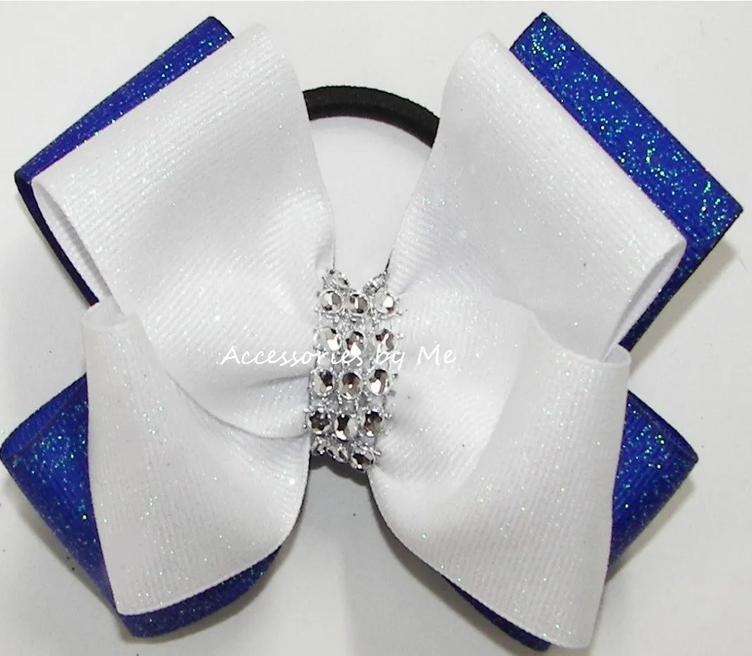 Glitter White Royal Blue Cheer Bow