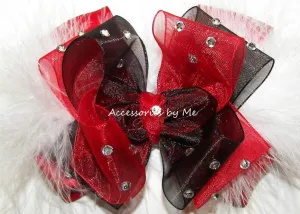 Glitzy Red Black Marabou Hair Bow