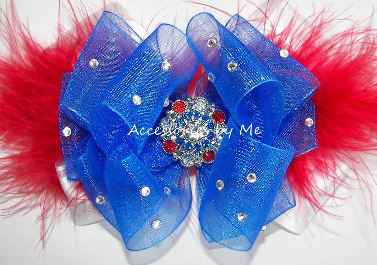 Glitzy Red White Blue Marabou Hair Bow