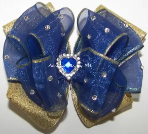 Glitzy Royal Blue Gold Organza Hair Bow