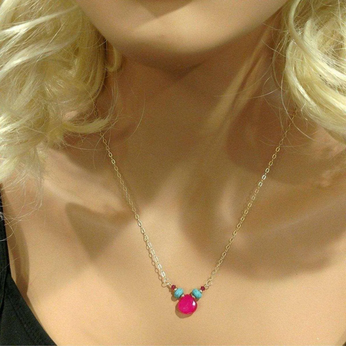 Gold Filled Turquoise and Pink Gemstone Drop Necklace