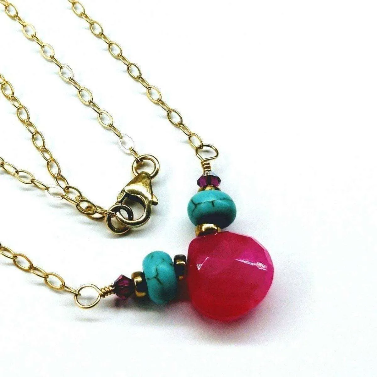 Gold Filled Turquoise and Pink Gemstone Drop Necklace