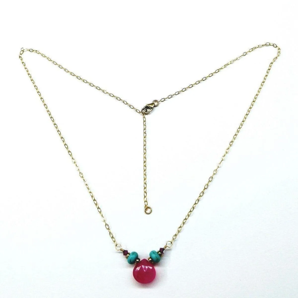 Gold Filled Turquoise and Pink Gemstone Drop Necklace