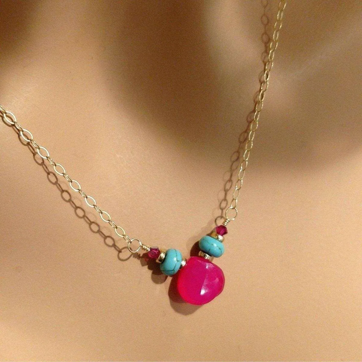 Gold Filled Turquoise and Pink Gemstone Drop Necklace