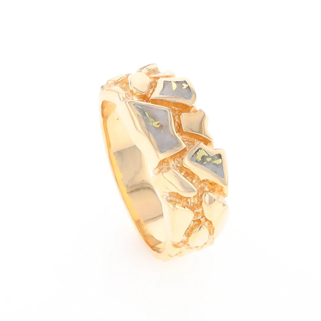 Gold Quartz Ring 3 Section Inlaid Nugget Design Band