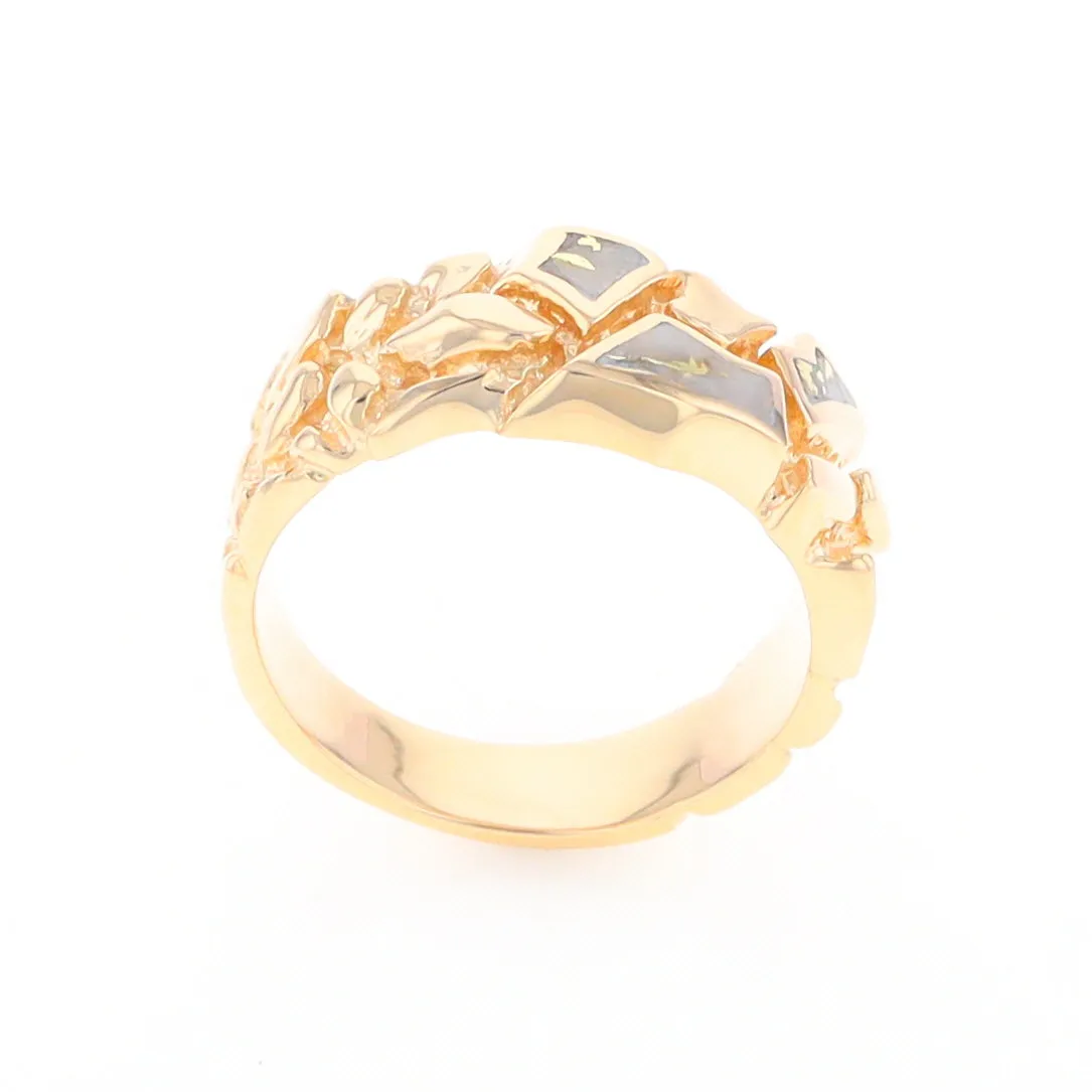 Gold Quartz Ring 3 Section Inlaid Nugget Design Band