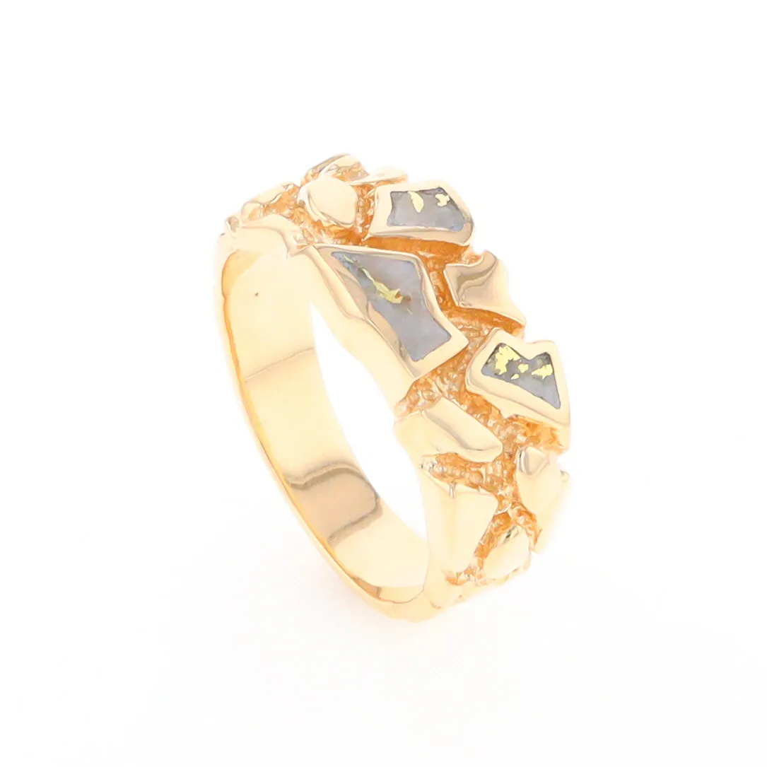 Gold Quartz Ring 3 Section Inlaid Nugget Design Band