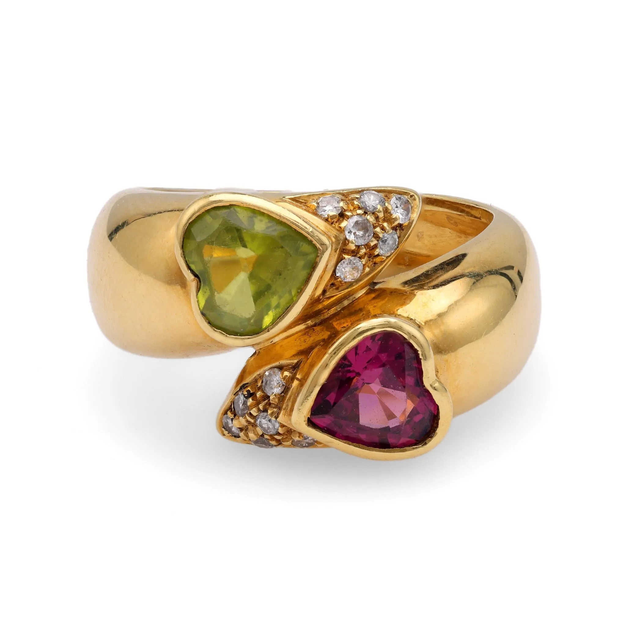 Heart Shaped Peridot and Rubellite Diamond Yellow Gold Bypass Ring