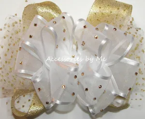 High Glitz Pageant White Gold Tutu Hair Bow