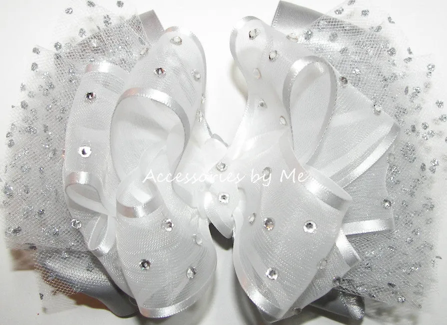 High Glitz White Silver Tutu Hair Bow