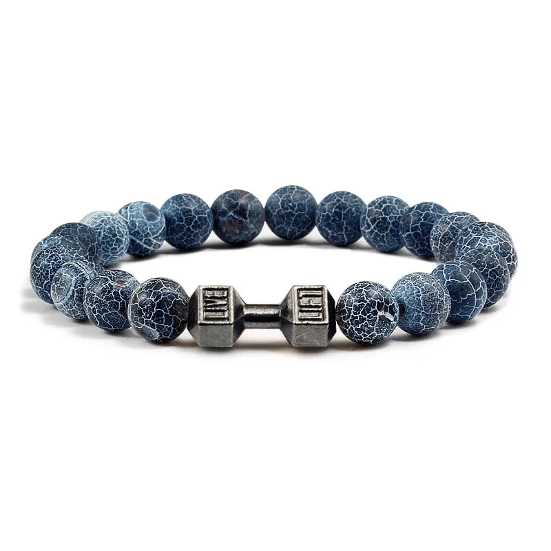 JC - Volcanic Stone Bracelet: Matte black lava and white beads with dumbbell charm for fitness lovers