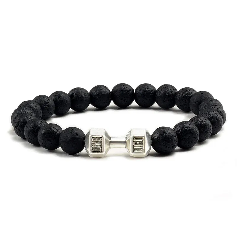 JC - Volcanic Stone Bracelet: Matte black lava and white beads with dumbbell charm for fitness lovers