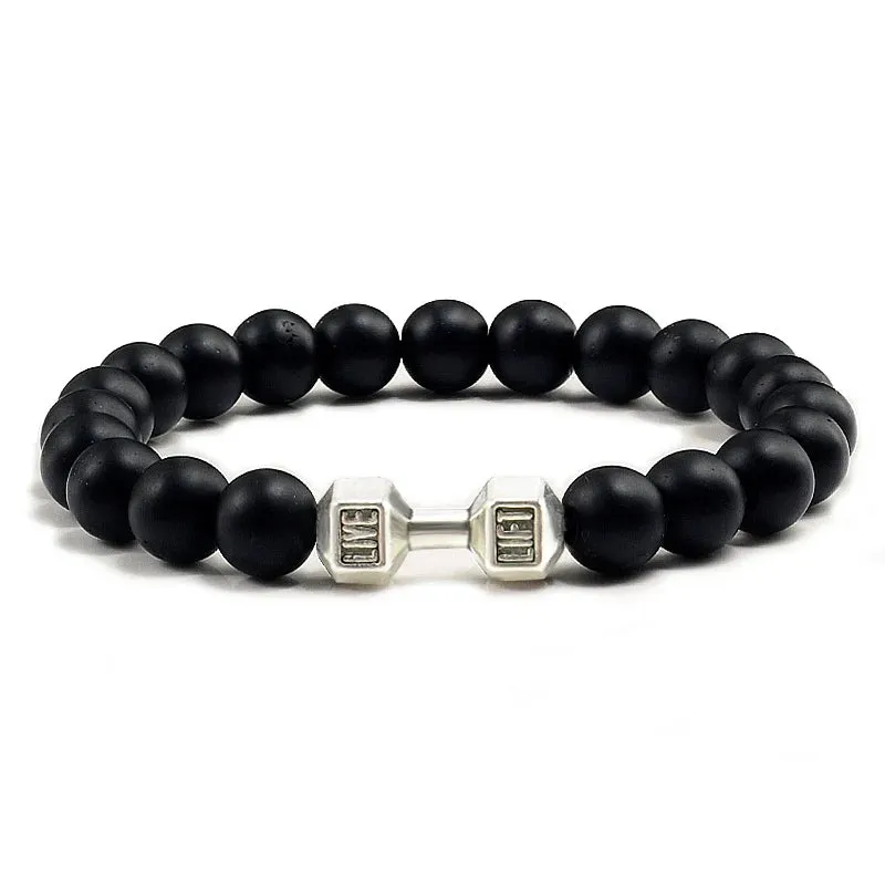 JC - Volcanic Stone Bracelet: Matte black lava and white beads with dumbbell charm for fitness lovers