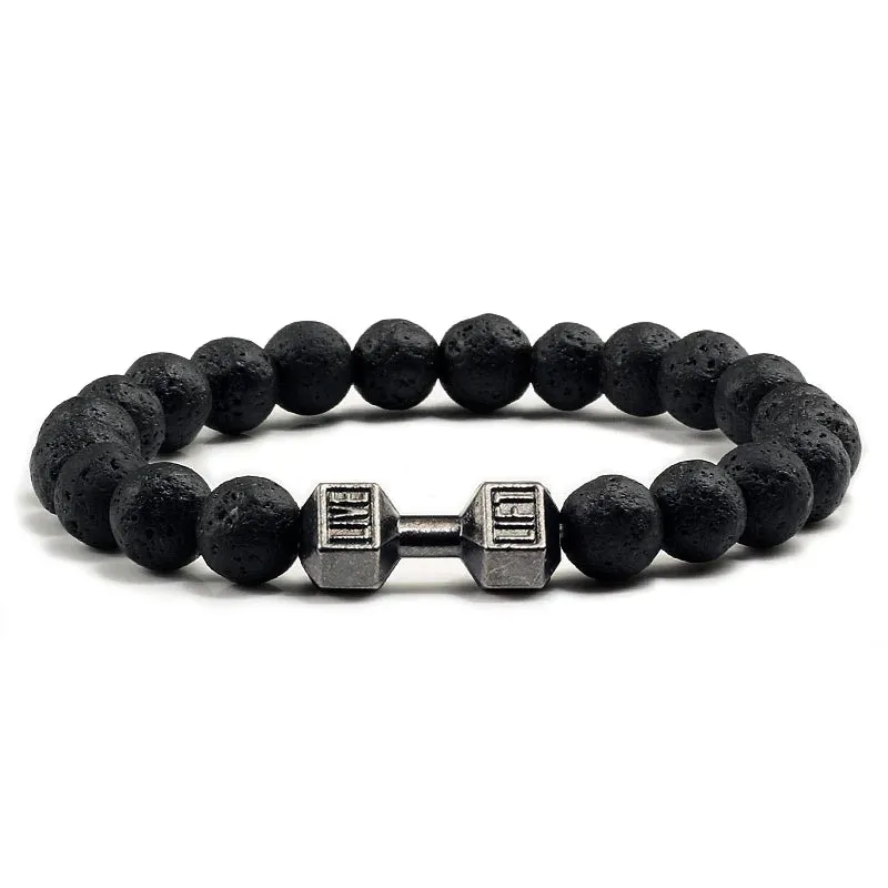 JC - Volcanic Stone Bracelet: Matte black lava and white beads with dumbbell charm for fitness lovers