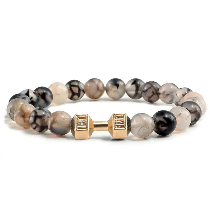 JC - Volcanic Stone Bracelet: Matte black lava and white beads with dumbbell charm for fitness lovers