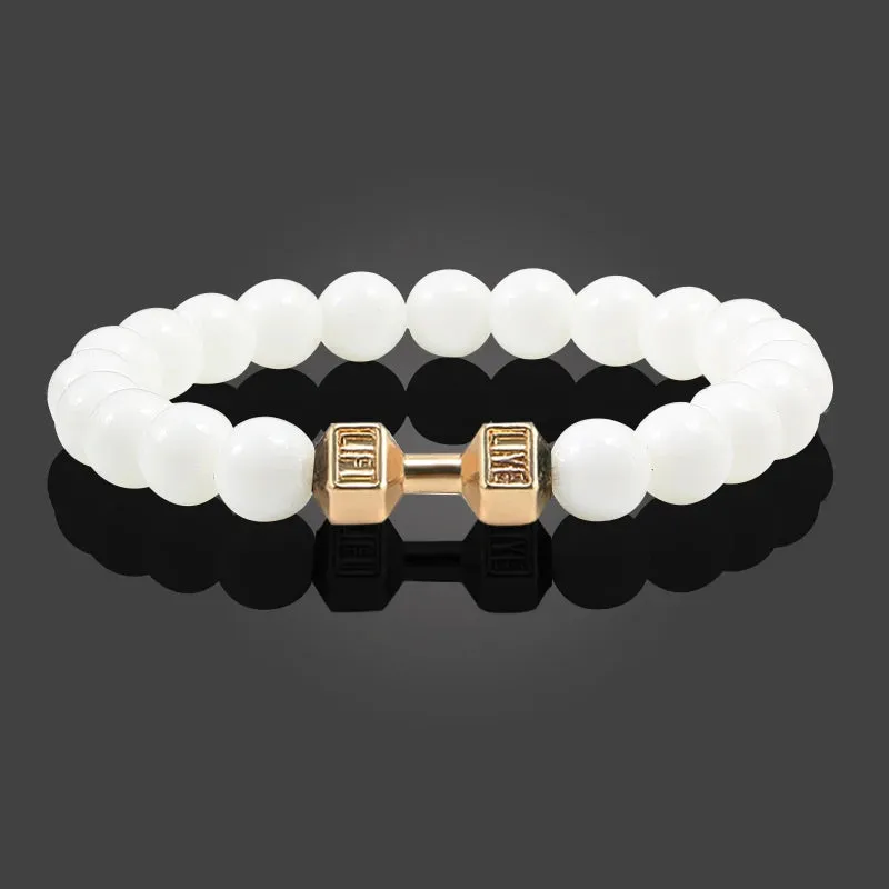 JC - Volcanic Stone Bracelet: Matte black lava and white beads with dumbbell charm for fitness lovers