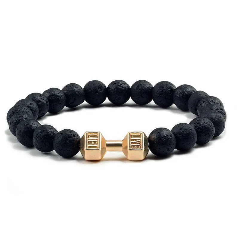 JC - Volcanic Stone Bracelet: Matte black lava and white beads with dumbbell charm for fitness lovers