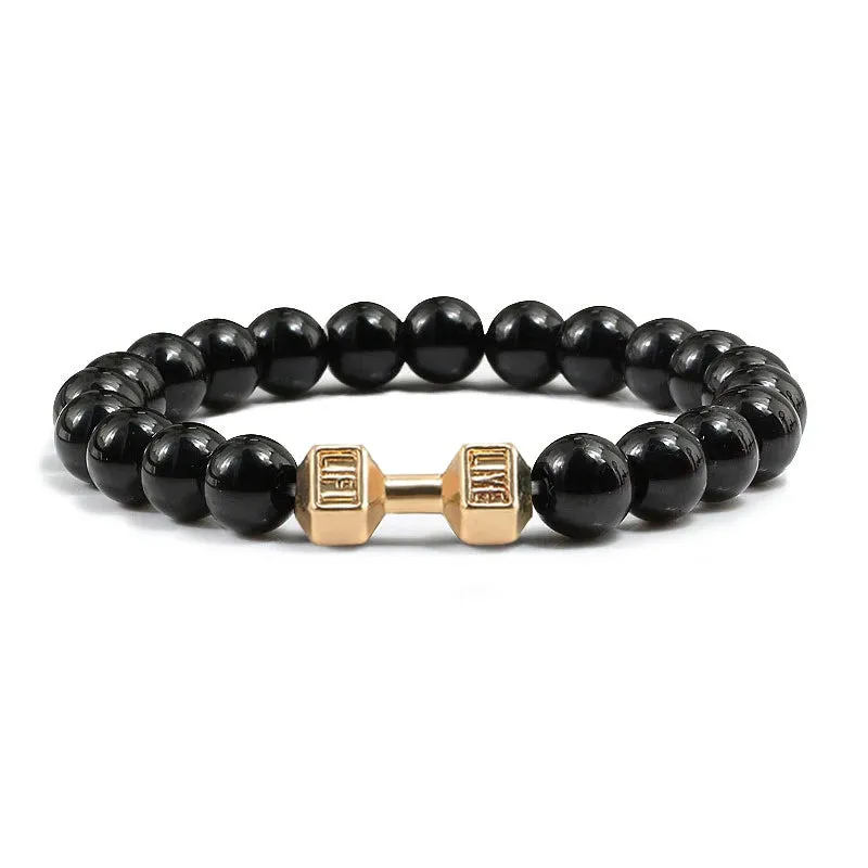 JC - Volcanic Stone Bracelet: Matte black lava and white beads with dumbbell charm for fitness lovers