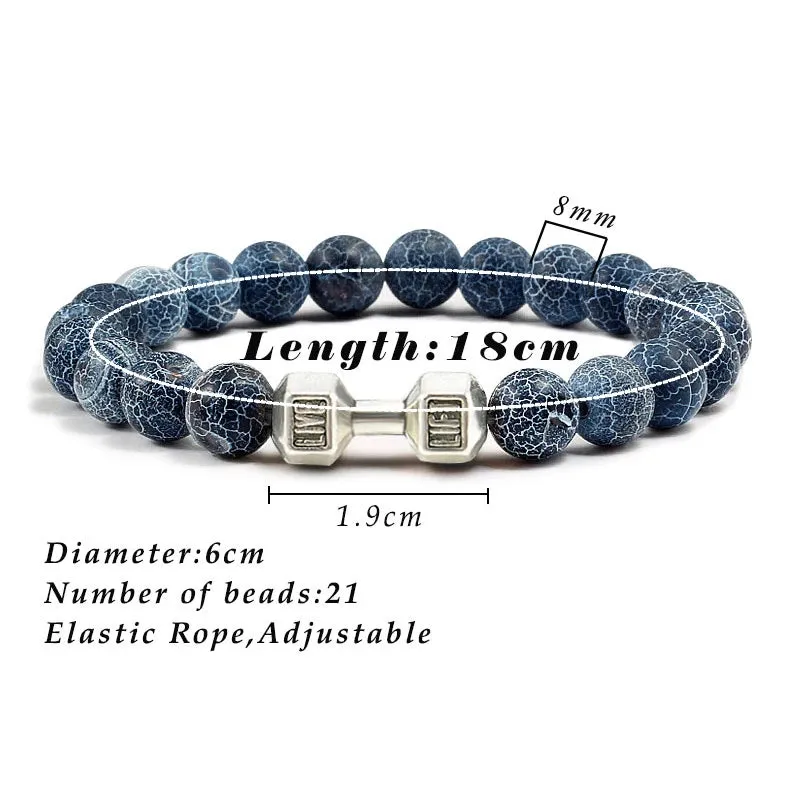 JC - Volcanic Stone Bracelet: Matte black lava and white beads with dumbbell charm for fitness lovers