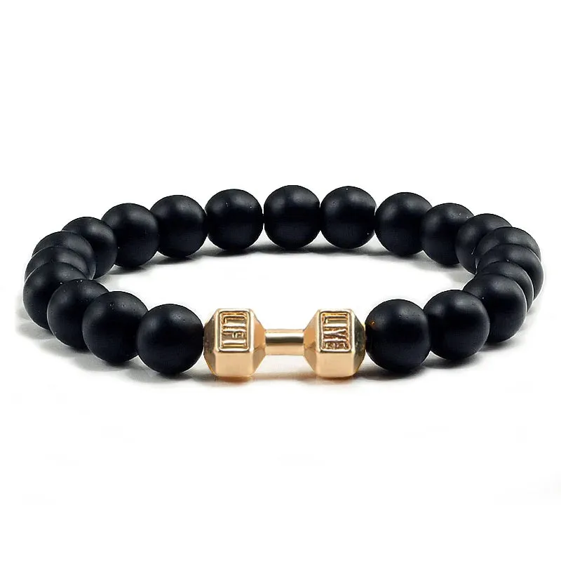 JC - Volcanic Stone Bracelet: Matte black lava and white beads with dumbbell charm for fitness lovers