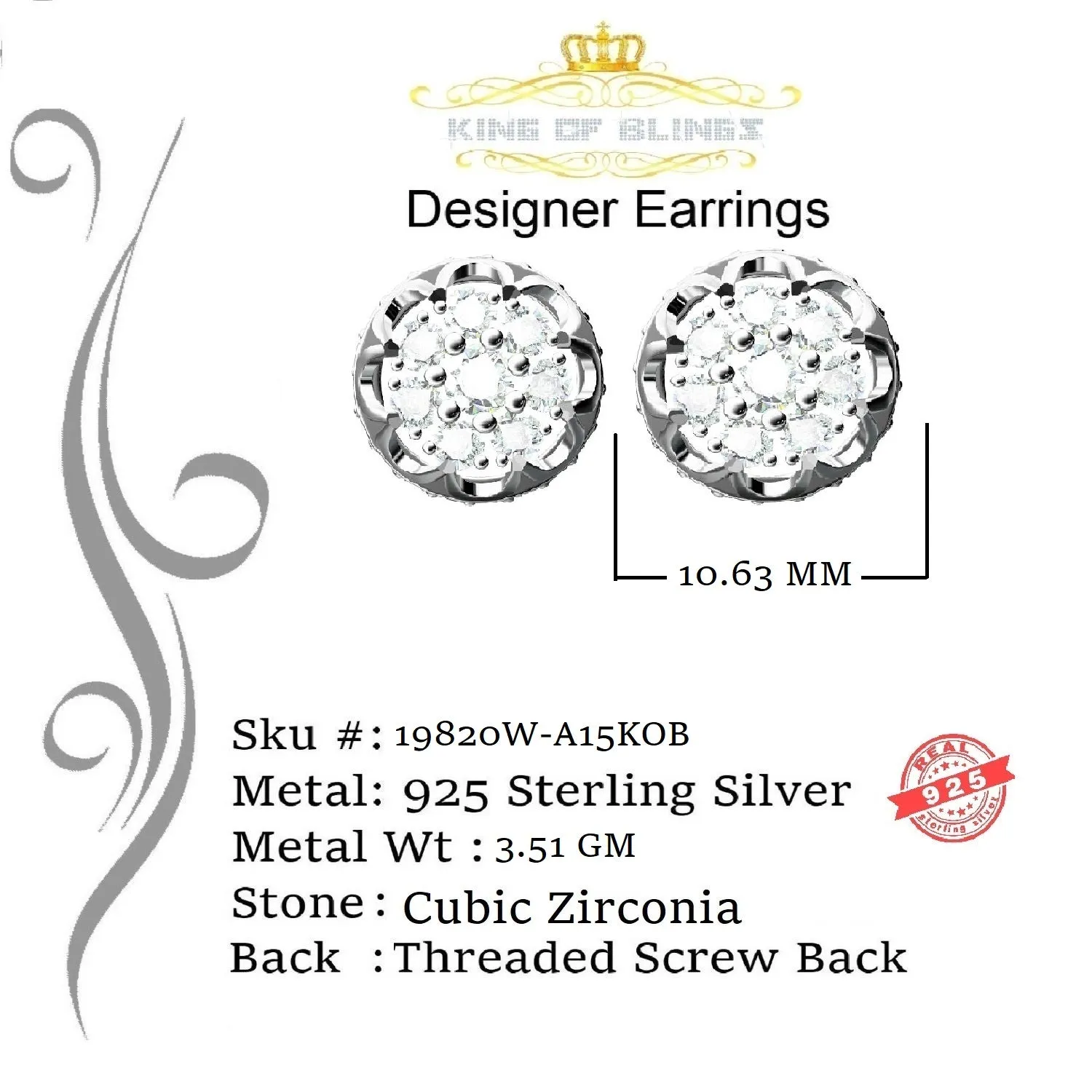 King of Blings- 2.02ct Cubic Zirconia 925 White Sterling Silver Women's Hip Hop Flower Earrings