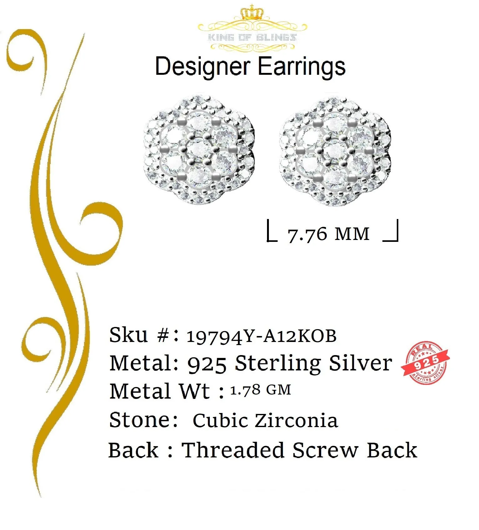 King of Bling's Aretes Para Hombre Yellow Silver 1.22ct Cubic Zirconia Flower Women's Earrings