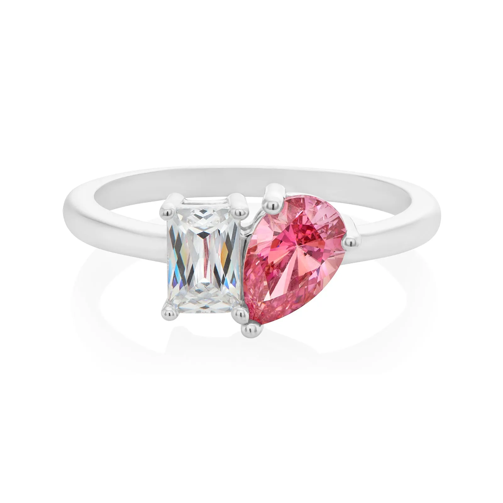 KISS Sterling Silver Pear & Emerald Cut Pink & White Cubic Zirconia Ring