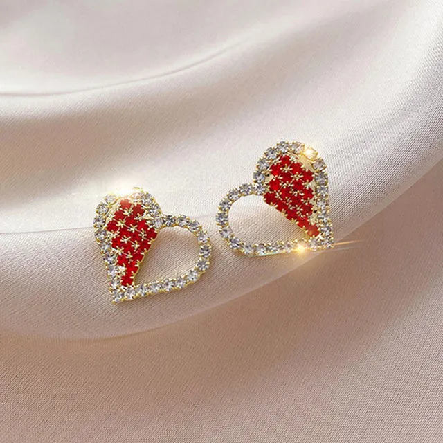 Korean New Asymmetric Red Heart Stud Earrings For Women Creative Hollow ECG Tassel Zircon Pearl Earrings Girl Party Jewelry Gift