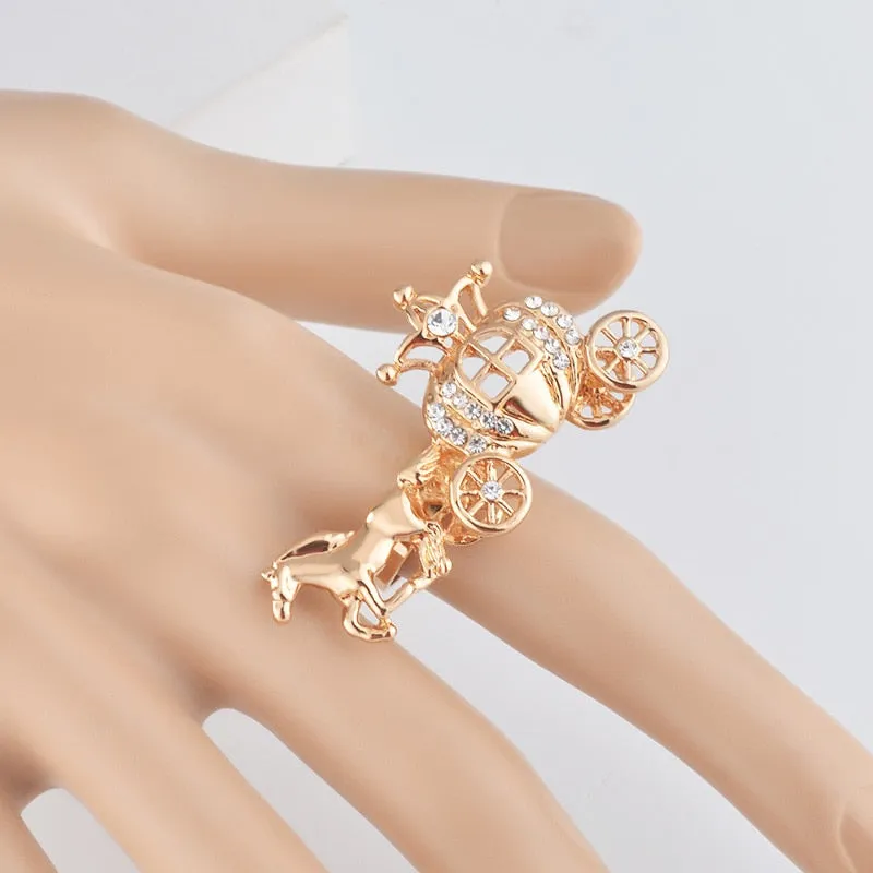 Luxury Christmas Carriage Big Rings for Women with Zircon in Gold Color