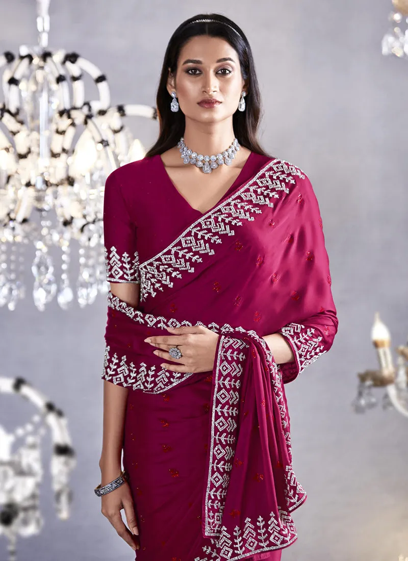 Magenta Pink Stone Work Embroidery Wedding Saree