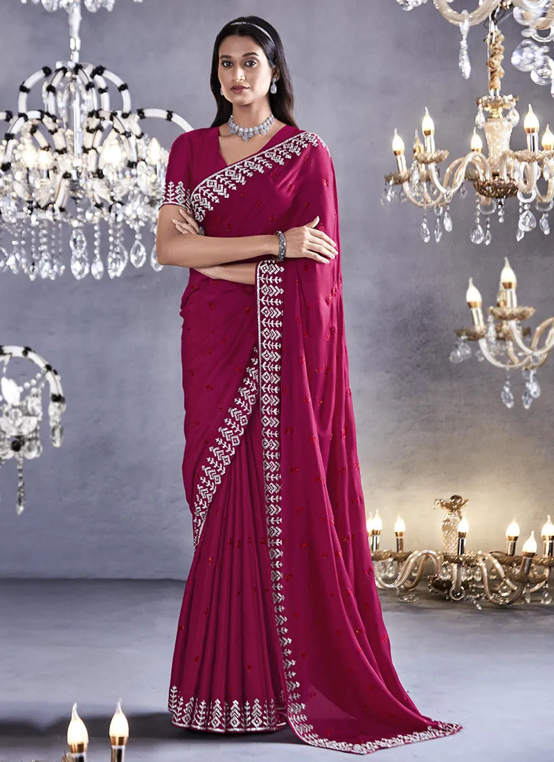 Magenta Pink Stone Work Embroidery Wedding Saree