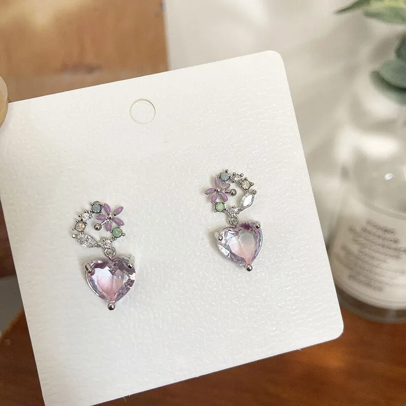 MENGJIQIAO New Cute Sweet Heart Zircon Flower Circle Stud Earrings For Women Fashion Delicate Micro Paved Pendientes Jewelry