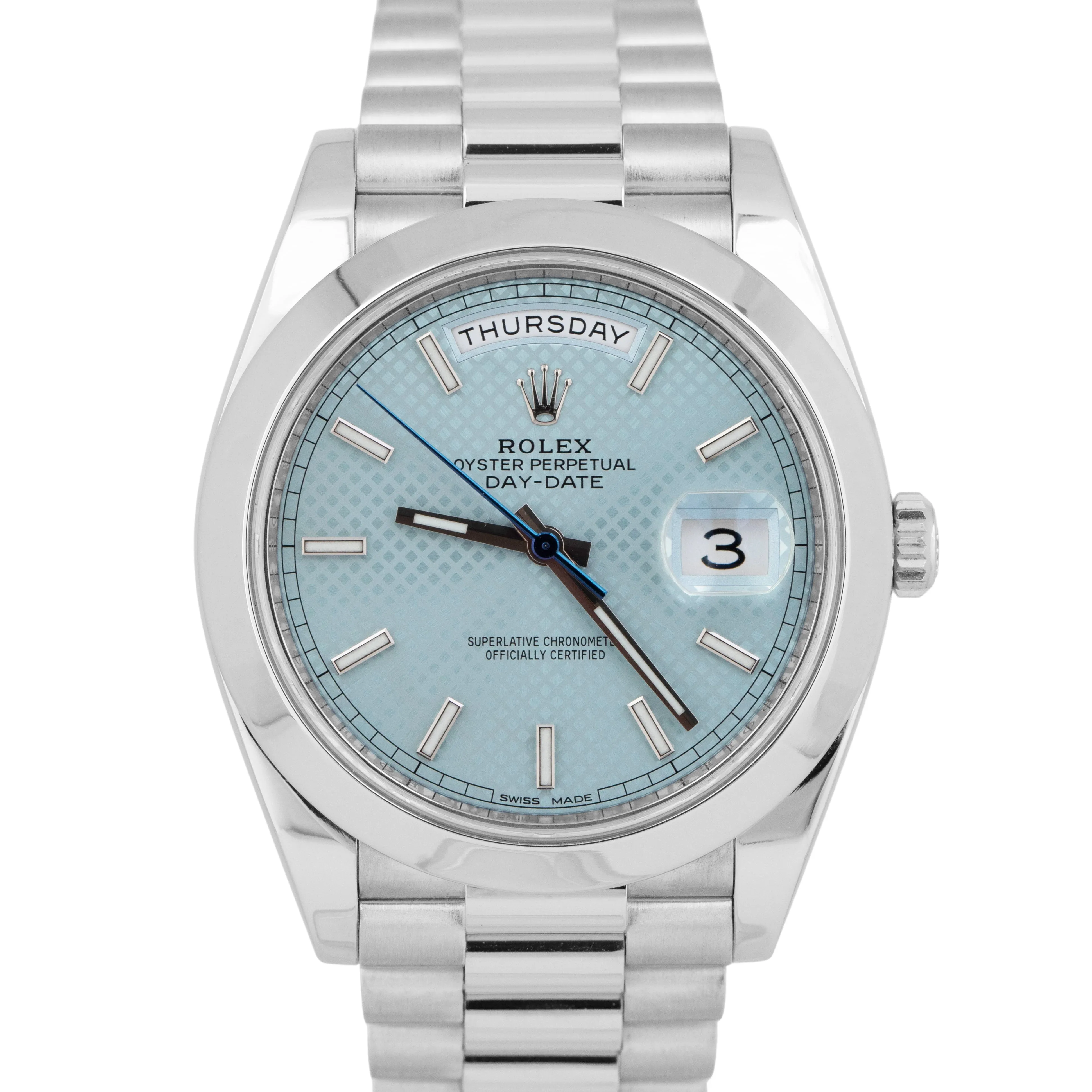 MINT PAPERS Rolex Day-Date President 40mm Platinum Blue Motif Glacier 228206 BOX