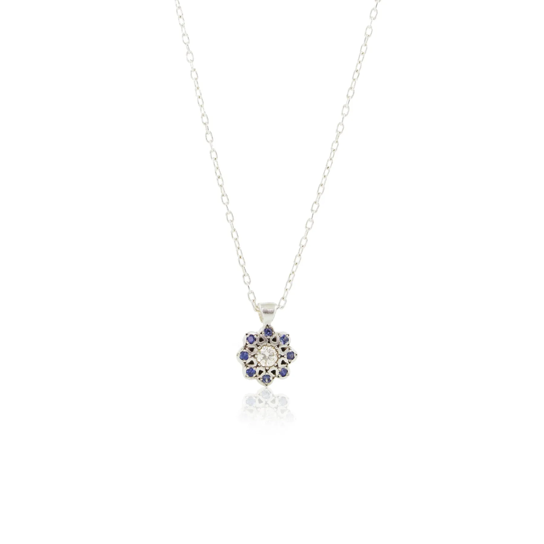 Moonflower Charms with Diamonds and Sapphires on Sterling Silver Necklace by Adel Chefridi