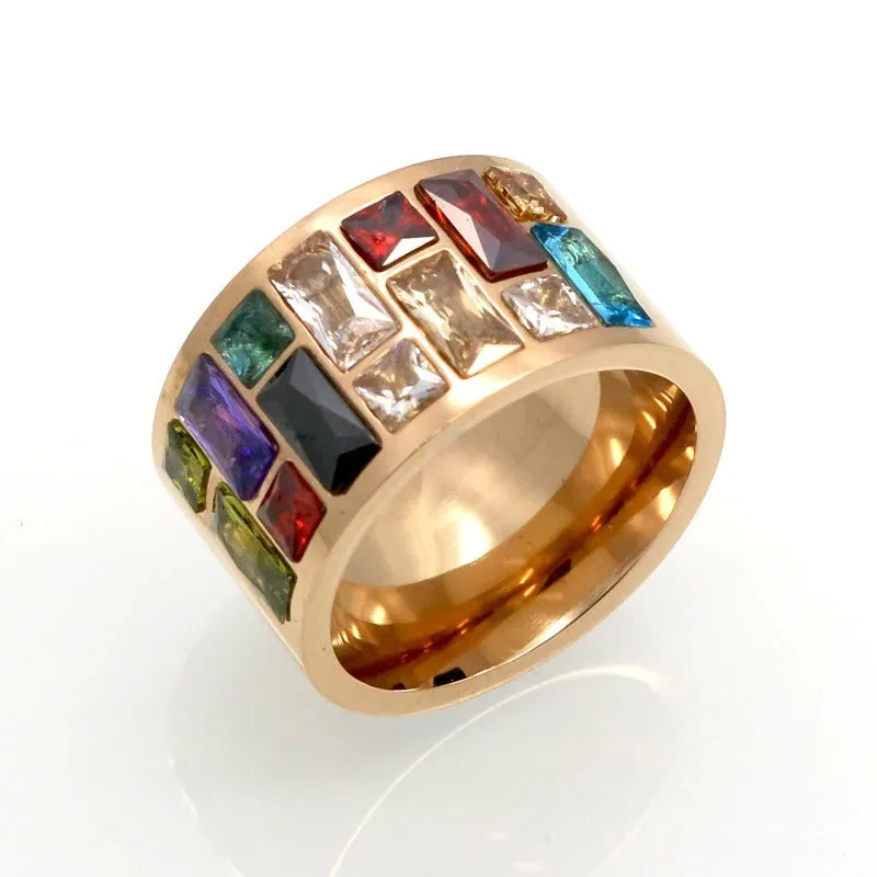 Multi-Color Zircon Adorned Wide Band Rings